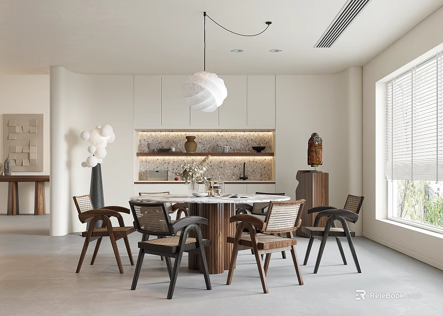Modern Restaurant Interior With Round Dining Table Wooden Chairs White Pendant Light And Decorative Shelves 3d model 