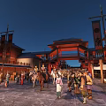 Ancient Style Commercial Street With Traditional Architecture Red Lanterns And Evening Pedestrians
