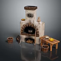 Rustic Stone Hearth Scene With Clay Pot Wooden Table And Buckets