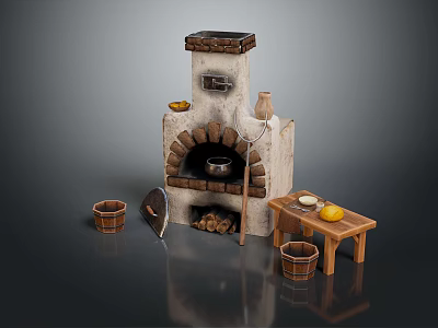 Rustic Stone Hearth Scene With Clay Pot Wooden Table And Buckets 3d model