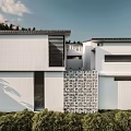 Modern Vacation Home With White Exterior Large Windows Arched Design Palm Trees And Stone Pathway