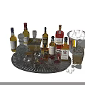 Various Wine Bottles And Elegant Glasses On A Decorative Tray With Ice Cubes