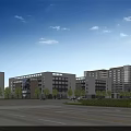 Modern Industrial Workshop Building Exterior With Road Green Belt and Blue Sky