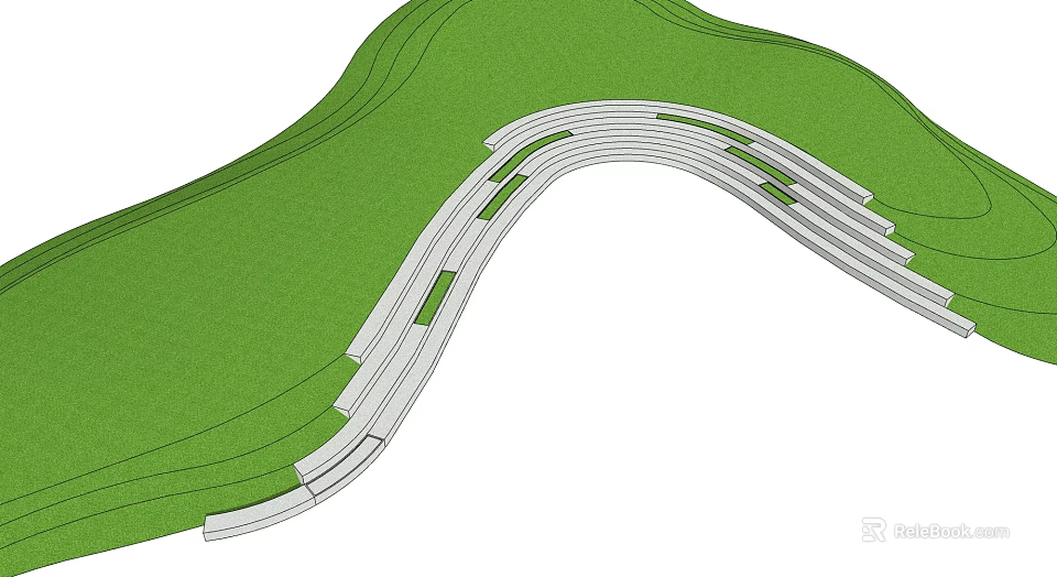 Curved Staircase In Green Landscape With White Steps And Green Stripes 3d model 