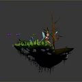 Fairy Standing On Floating Island With Colorful Flowers Green Grass Butterflies And Dead Tree