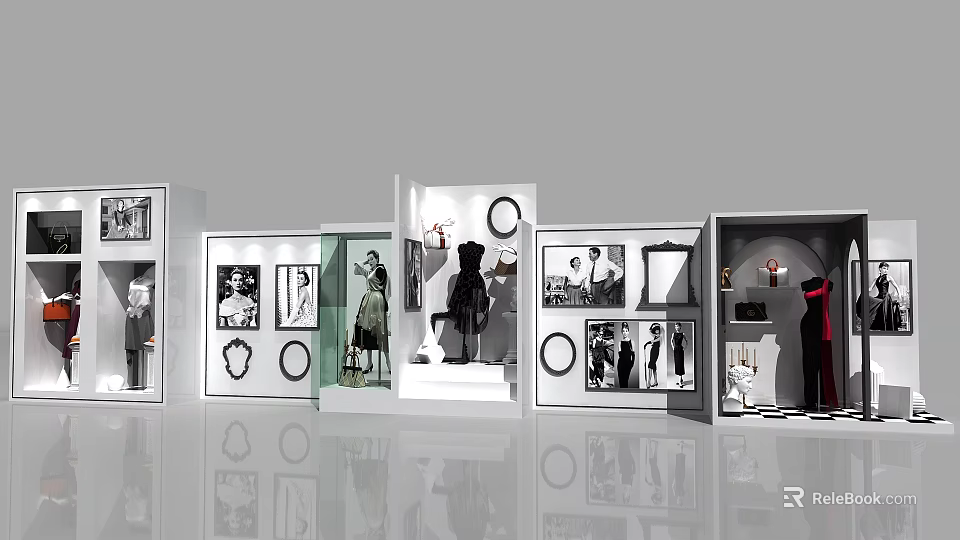 Modern Fashion Display Area With Mannequins Pictures And Glass Cabinets 3d model 