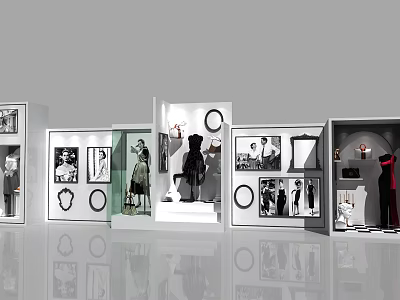 Modern Fashion Display Area With Mannequins Pictures And Glass Cabinets 3d model