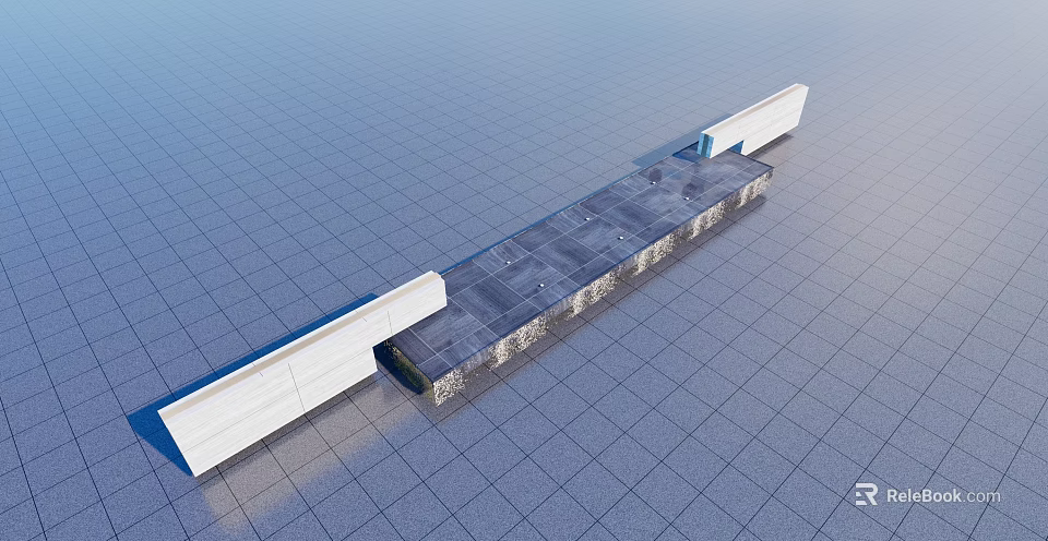 Modern Outdoor Water Fountain With Long Structure And White Borders On Grid Patterned Ground 3d model 