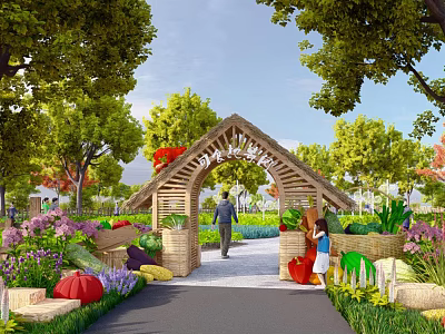 Tranquil Garden Landscape With Wooden Arched Gateway Lush Trees Colorful Flowers And Pathway 3d model