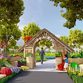 Tranquil Garden Landscape With Wooden Arched Gateway Lush Trees Colorful Flowers And Pathway