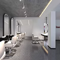 Modern Hair Salon Interior Design With White Chair Round Mirror And Ceiling Lights