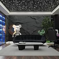 Modern Study Room With Starry Ceiling Display Shelves Collectibles And Black Sofa