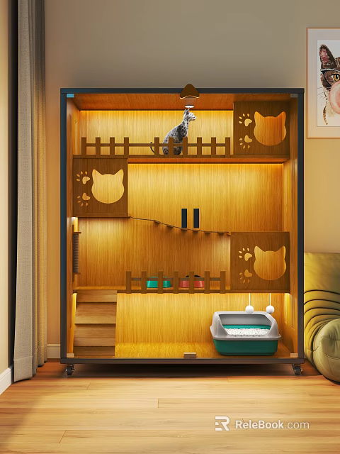 Wooden Multi Level Pet Furniture with Cat Paw Cutouts Stairs and Platforms 3d model 