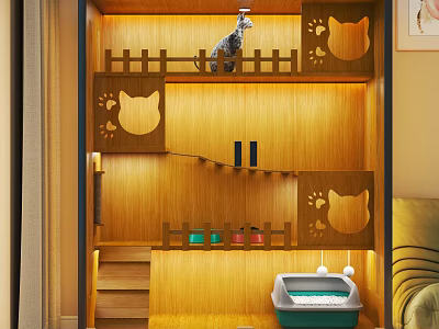 Wooden Multi Level Pet Furniture with Cat Paw Cutouts Stairs and Platforms 3d model
