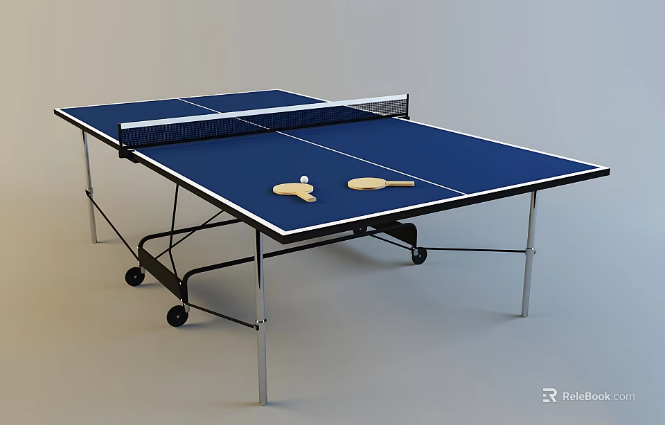 Blue Surface Portable Ping Pong Table With Wheels Paddles And Ball 3d model