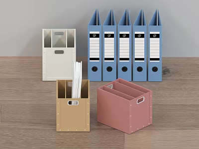 Colorful Folders With Blue Vertical White Divided Brown And Pink Storage Boxes On Wooden Desk 3d model