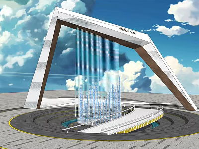 Modern Architectural Facade Featuring Geometric Frame Transparent Vertical Lines And Circular Platform Against Blue Sky 3d model