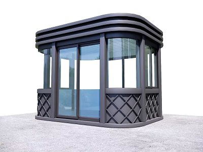 Modern Security Booth With Black Frame Glass Panels And Diamond Pattern Design 3d model