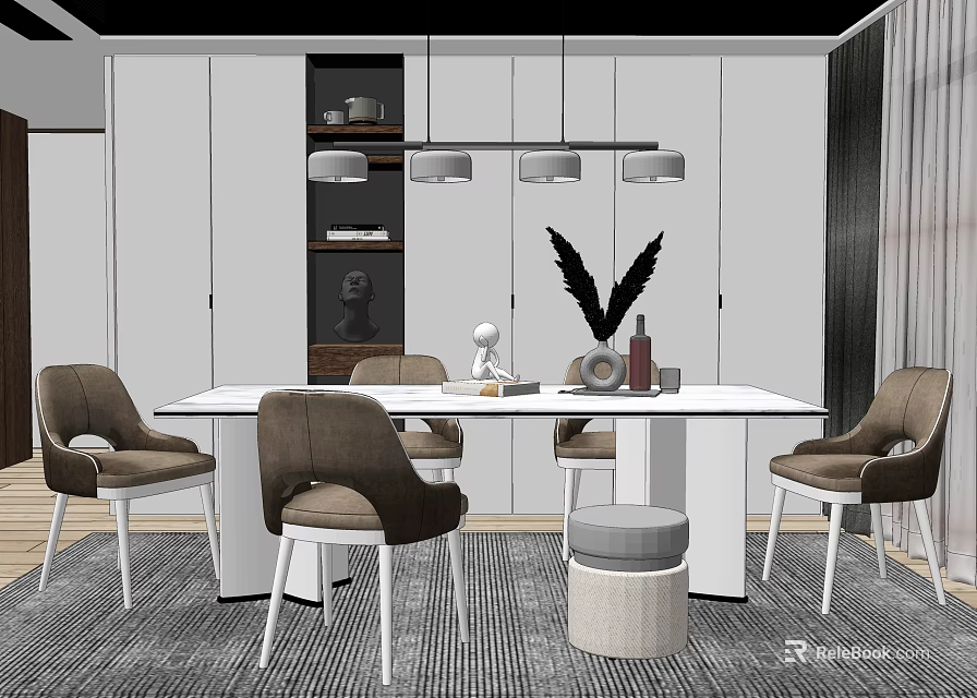 Modern White Dining Table Set With Brown Chairs Stool And Pendant Lights 3d model