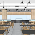 Modern Restaurant Interior With Wooden Wall Panels Dining Tables And Pendant Lights