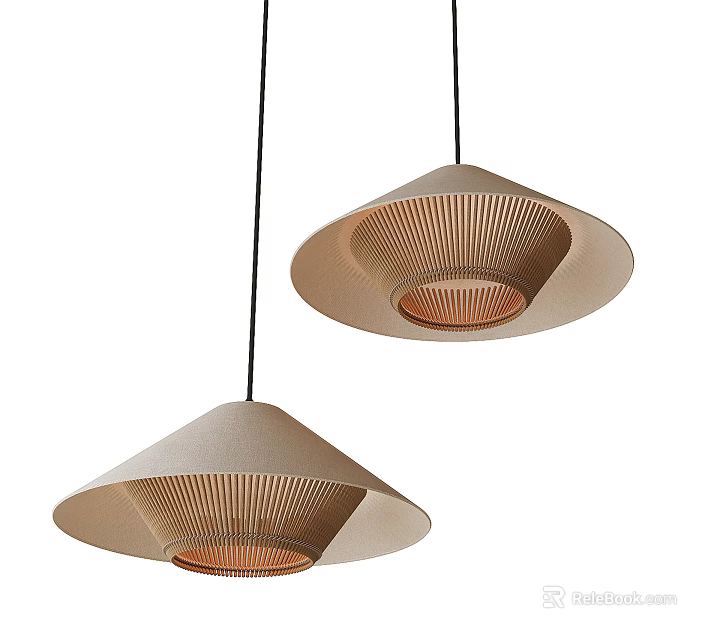 Two Beige Conical Pendant Lights With Woven Striped Design For Indoor Hanging 3d model 