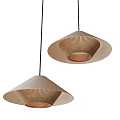 Two Beige Conical Pendant Lights With Woven Striped Design For Indoor Hanging
