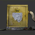 Yellow Gas Utility Box With Damaged Surface And Curved Pipe On Mossy Earth Base