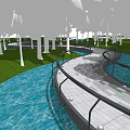 Curved Pedestrian Walkway With Metal Railings Surrounded By Trees And Water