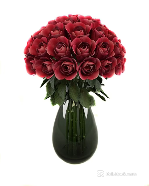 Beautiful Red Roses In Green Glass Vase With Fresh Green Leaves 3d model 