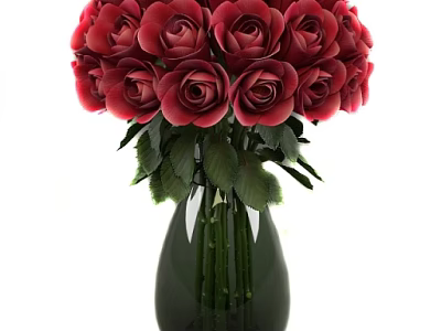 Beautiful Red Roses In Green Glass Vase With Fresh Green Leaves 3d model
