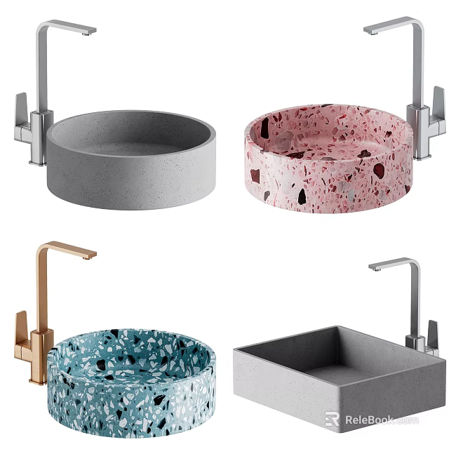 Stylish Round And Square Washbasin Designs With Speckled Patterns And Metallic Faucets 3d model 