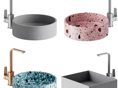 Stylish Round And Square Washbasin Designs With Speckled Patterns And Metallic Faucets 3d model
