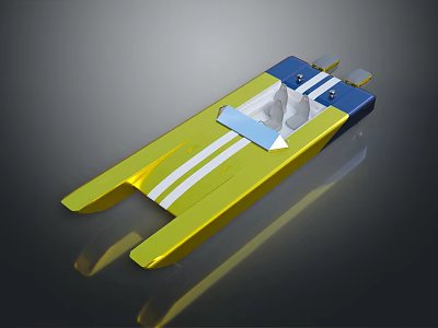Shiny Yellow Blue Toy Boat Model with White Stripes Two Hulls and Seating 3d model