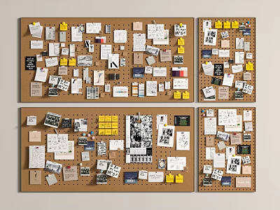 Photo Wall With Multiple Corkboards Filled With Photos Notes And Push Pins 3d model