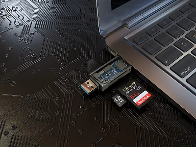 Laptop With USB Drive And SD Card Connected On Circuit Board Surface 3d model Laptop With USB Drive And SD Card Connected On Circuit Board Surface 3d model