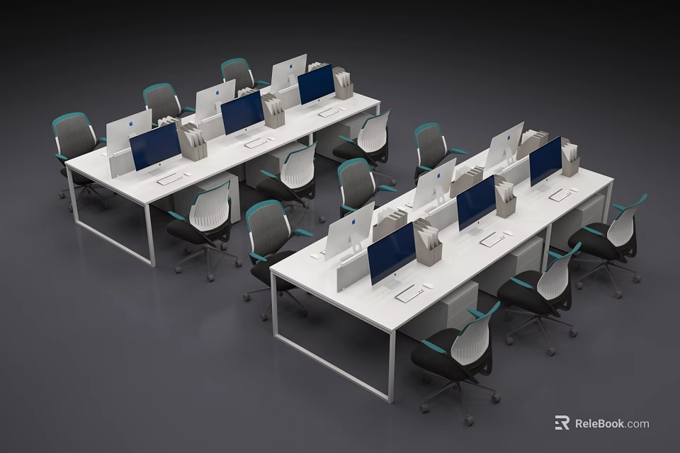 Modern Office Desks With Computer Monitors And Ergonomic Chairs Setup 3d model 