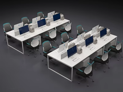 Modern Office Desks With Computer Monitors And Ergonomic Chairs Setup 3d model