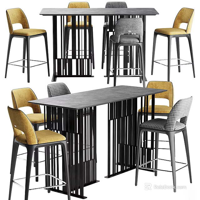 Modern Bar Counter Design With Sleek Black Frame And Yellow Gray Upholstered Bar Stools 3d model 