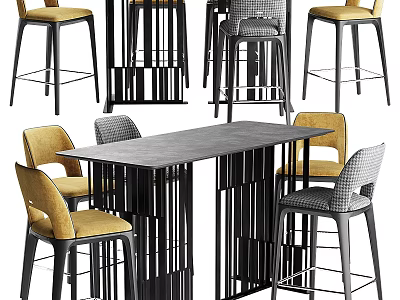 Modern Bar Counter Design With Sleek Black Frame And Yellow Gray Upholstered Bar Stools 3d model