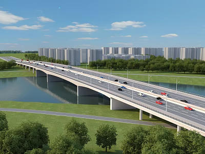 Scenic Bridge Over River With Vehicles Green Grass Trees And High Rise Buildings 3d model