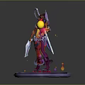 Vibrant Game Movie Character With Winged Accessories Holding Weapon And Colorful Creatures On Glowing Platform