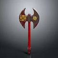 Ornate Double Bladed Axe With Yellow Geometric Pattern Red Gemstone And Red Handle 3d model