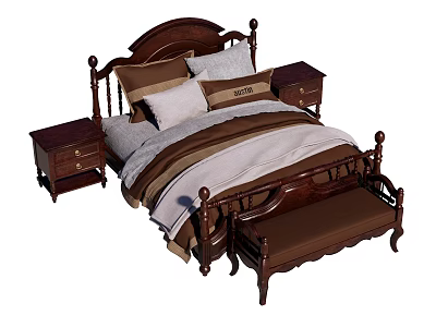Classic Wooden Double Bed With Carved Frame Brown Beige Bedding Side Nightstands And Foot Bench 3d model