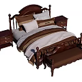 Classic Wooden Double Bed With Carved Frame Brown Beige Bedding Side Nightstands And Foot Bench
