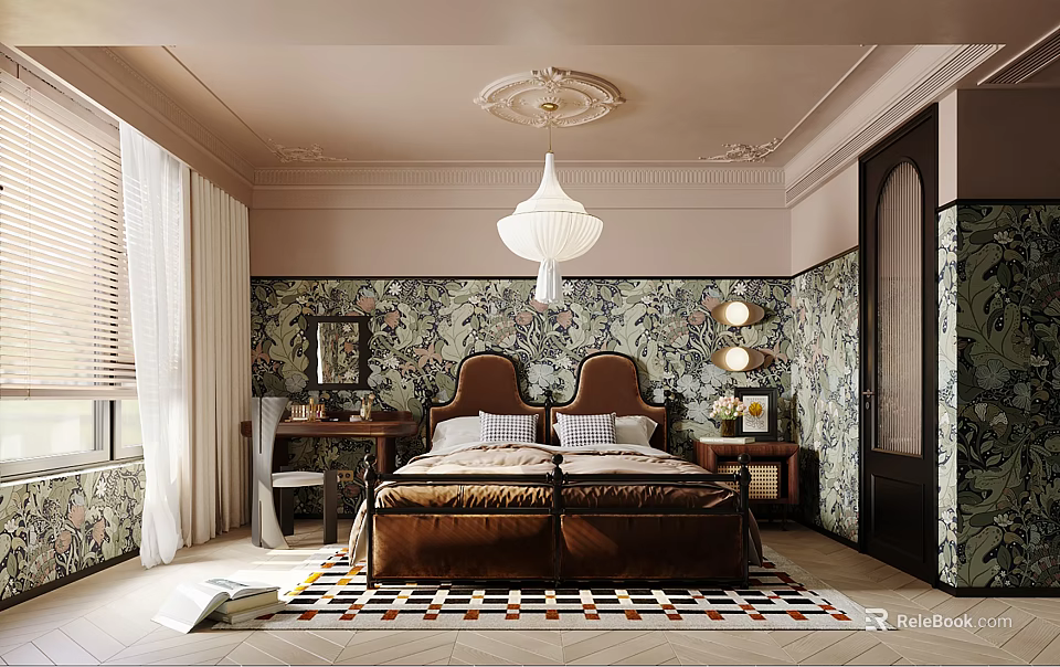 Elegant Vintage Bedroom With Double Bed Floral Wallpaper Chandelier And Geometric Area Rug 3d model 