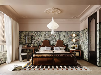 Elegant Vintage Bedroom With Double Bed Floral Wallpaper Chandelier And Geometric Area Rug 3d model