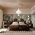 Elegant Vintage Bedroom With Double Bed Floral Wallpaper Chandelier And Geometric Area Rug