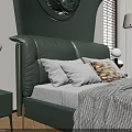 Modern Double Bed with Green Leather Headboard Unique Design Circular Ornament Bedside Tables and Lamps