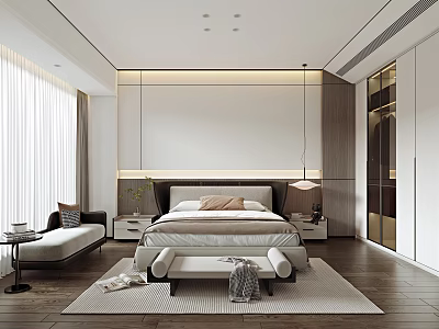 Modern Bedroom Interior With Double Bed Bedhead Lighting Footstool Rug Curtains And Wardrobe 3d model