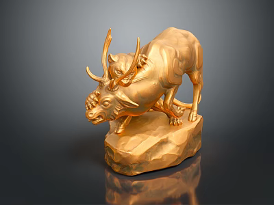 Golden Bull Sculpture with Prominent Horns Standing on Detailed Rock Base 3d model